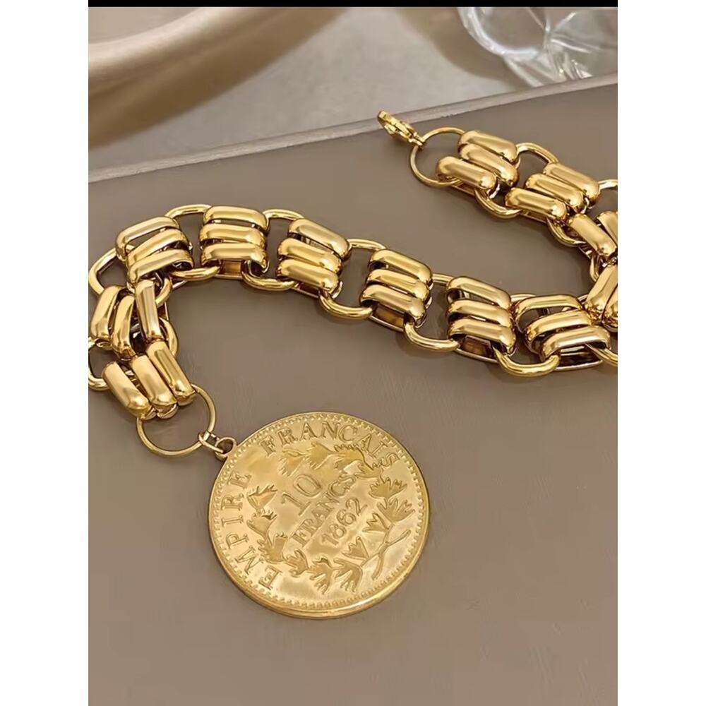 Gold Plated Napoleon Coin Bracelet Chain Link Roman Statement Stainless Steel - Picture 4 of 7